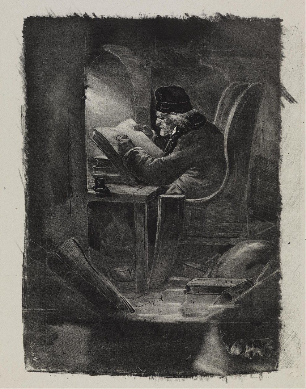 Essay i mezzotint (en geograf) af Nicolas Toussaint Charlet