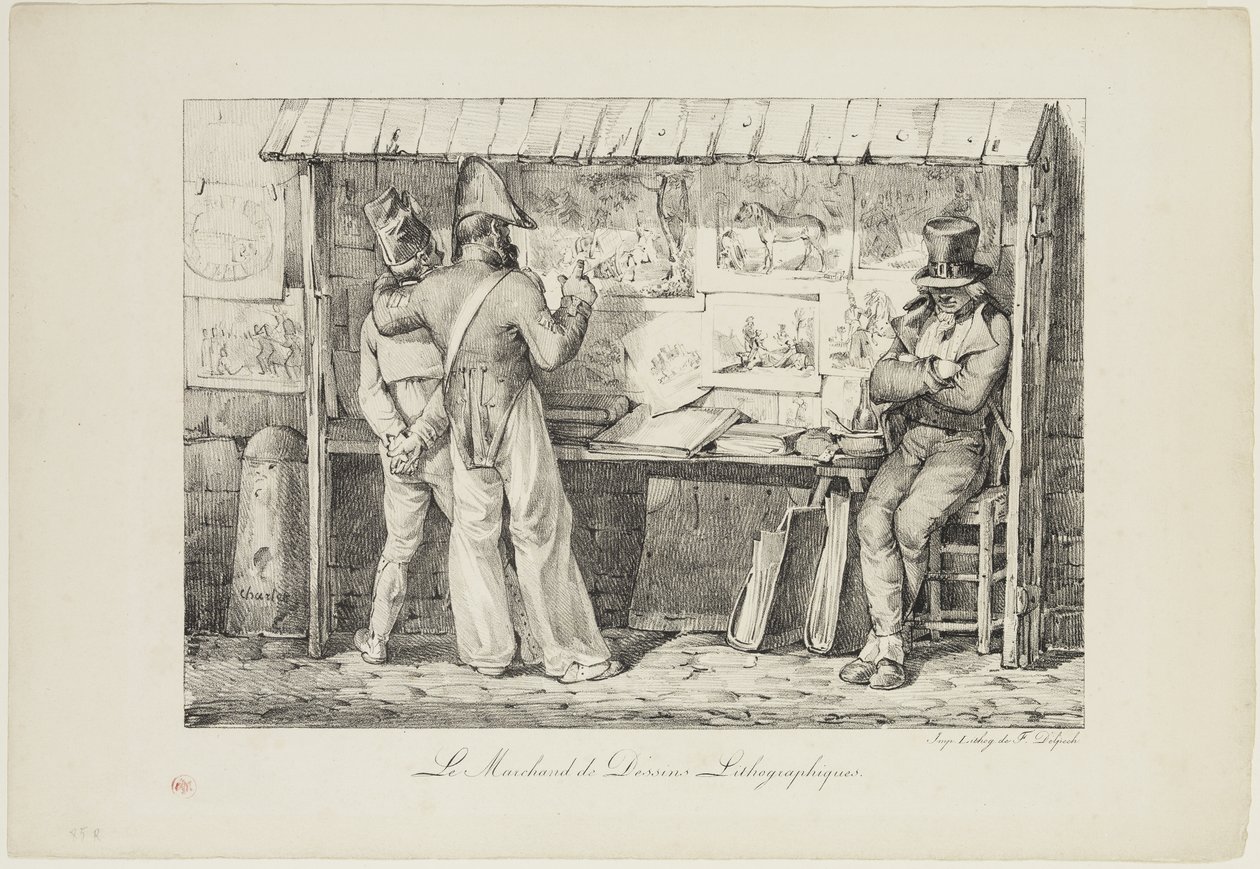 Le marchand de dessins lithographiques, mellem 1818 og 1819 (litho trykt med sort blæk på vævet papir) af Nicolas Toussaint Charlet