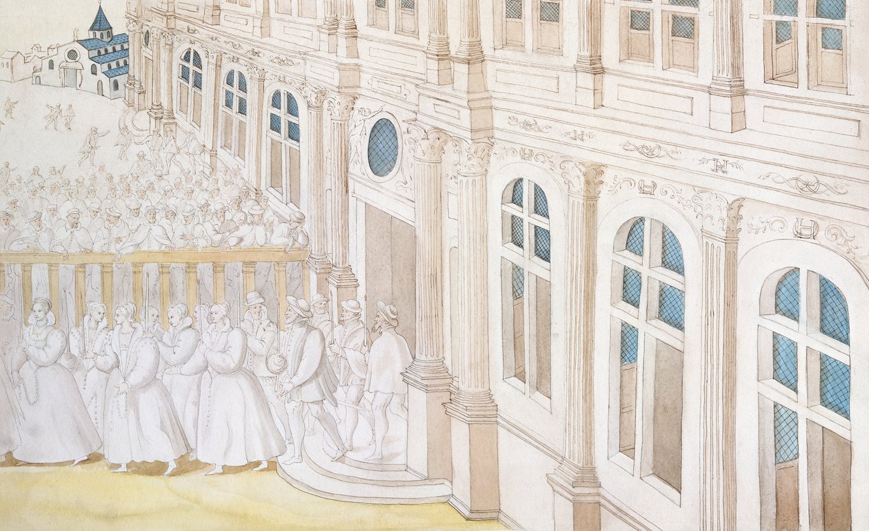 Procession af dronning Louise de Lorraine-Vaudemont (1553-1601) forlader Palais du Louvre til Maison de Charite, 1584 (pen & blæk og wc på papir) af Nicolas attr. to Houel