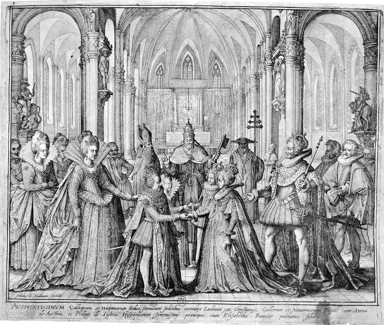Dobbeltægteskabet i 1615 af Ludvig XIII (1601-43) med Anne af Østrig (1601-66) og Philip af Østrig (1605-65) fremtidige Filip IV af Spanien med Elizabeth af Frankrig (1602-44) af Nicolas de Mathoniere