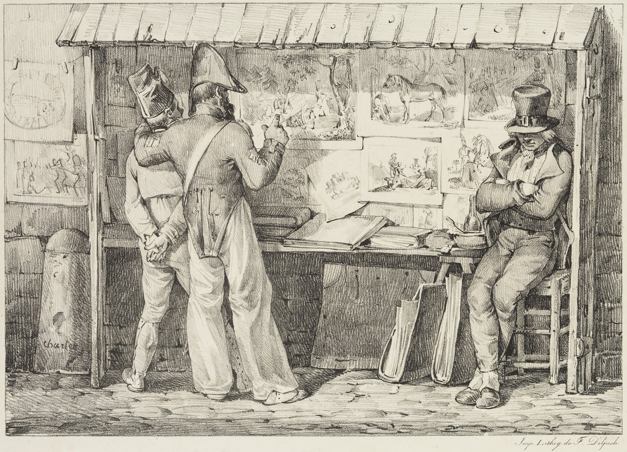 Le marchand de dessins lithographiques, mellem 1818 og 1819 (litho trykt med sort blæk på vævet papir) af Nicolas Toussaint Charlet