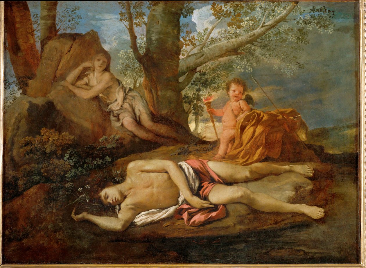 Echo og Narcissus ... af Nicolas (attr.to) Poussin