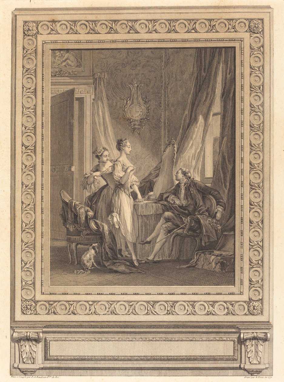Toilettet af Nicolas Ponce after Pierre Antoine Baudouin with border by Charles Nicolas Cochin II