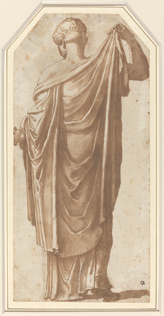 Kvindelig romersk statue set bagfra af Nicolas Poussin
