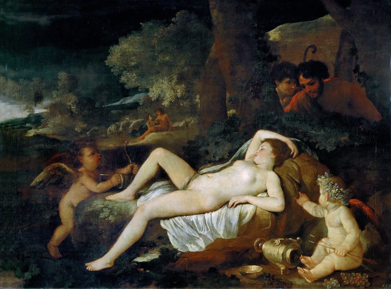 Hvilende Venus med Amor, ca 1624. af Nicolas Poussin