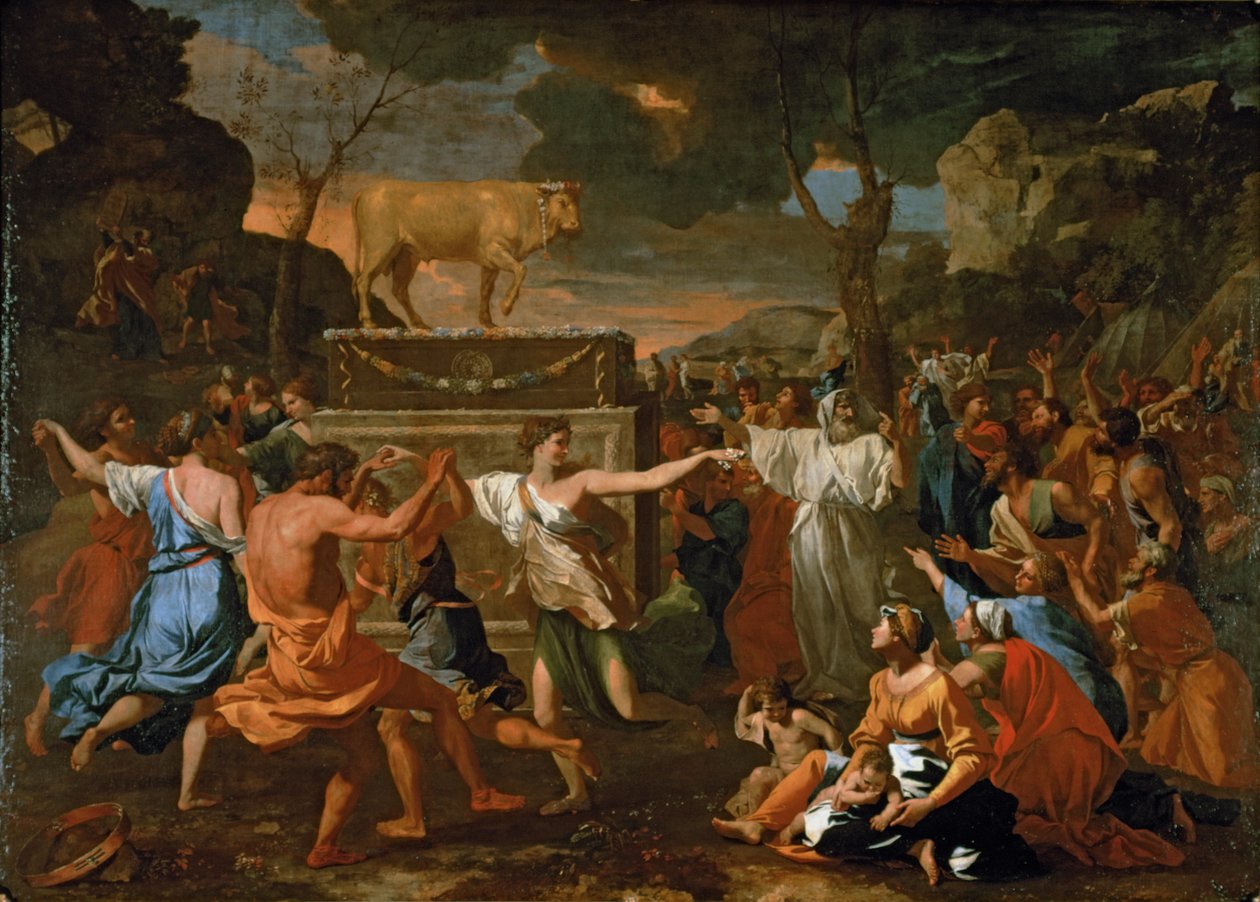 Tilbedelsen af guldkalven ... af Nicolas Poussin