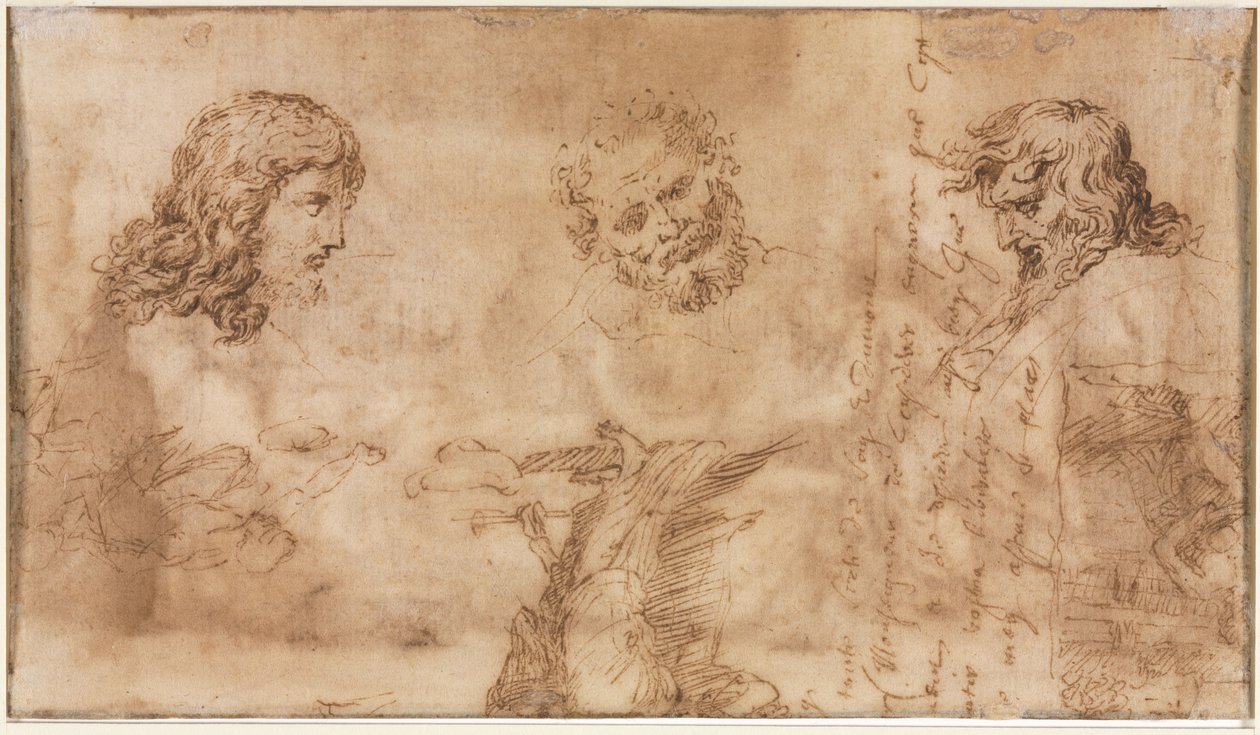 Tre hoveder og andre skitser (verso) af Nicolas Poussin