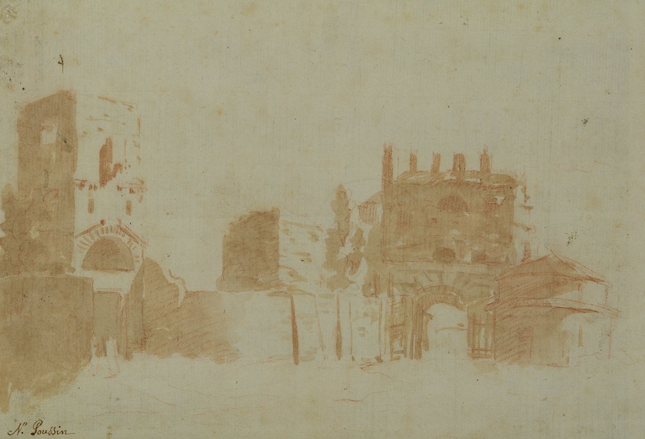 Udsigt over Rom (sepia vask på papir) af Nicolas Poussin