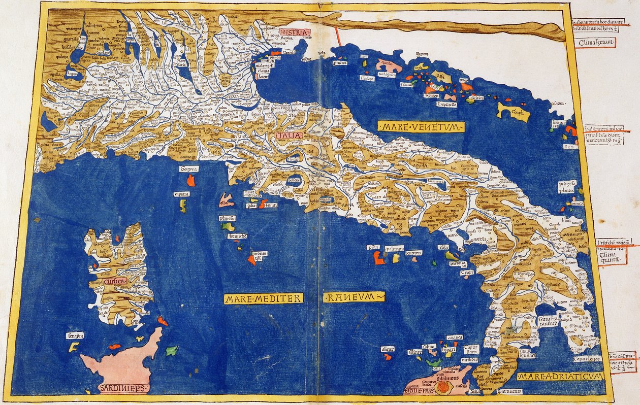 Ptolemæisk kort over Italien, 1482 (farvet litho) af Nicolaus Germanus