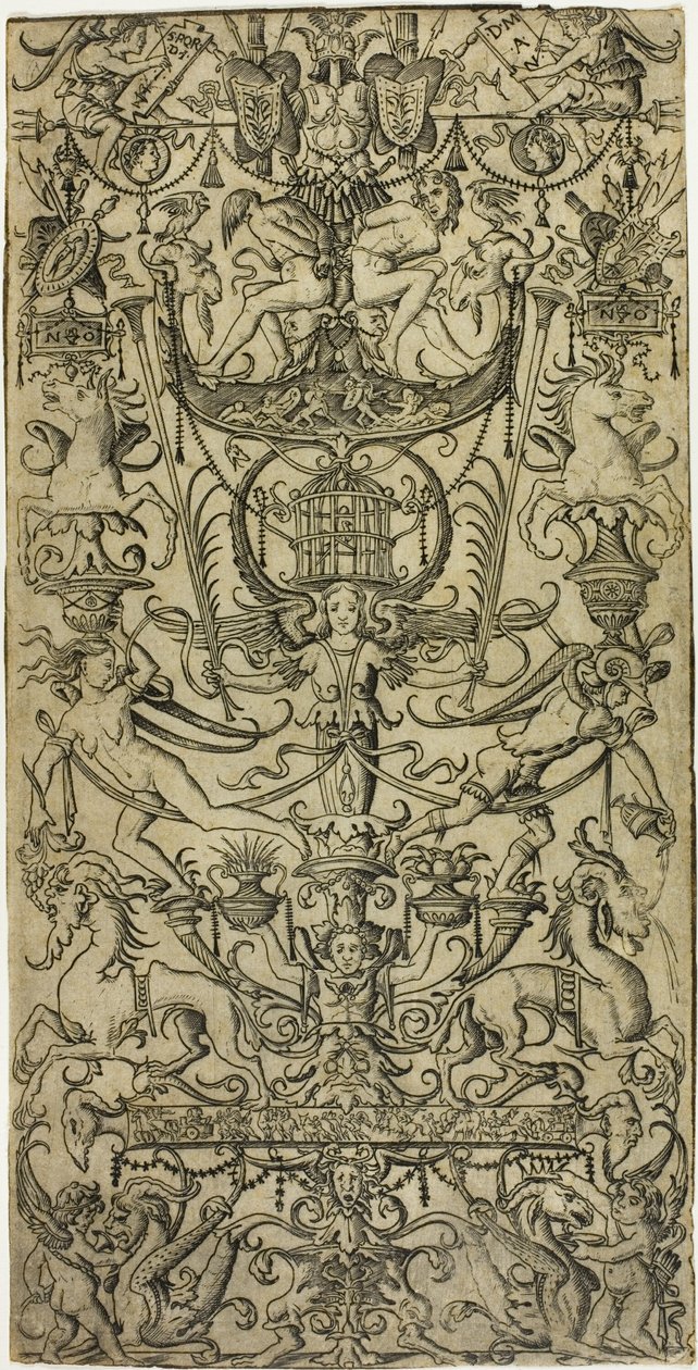 Panel af ornament med et fuglebur af Nicoletto da Modena