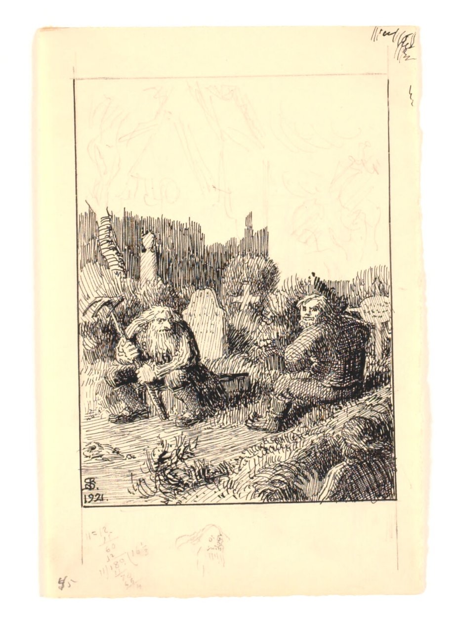 Illustration til "Strandvarslet og kirkegrimen" af Niels Skovgaard