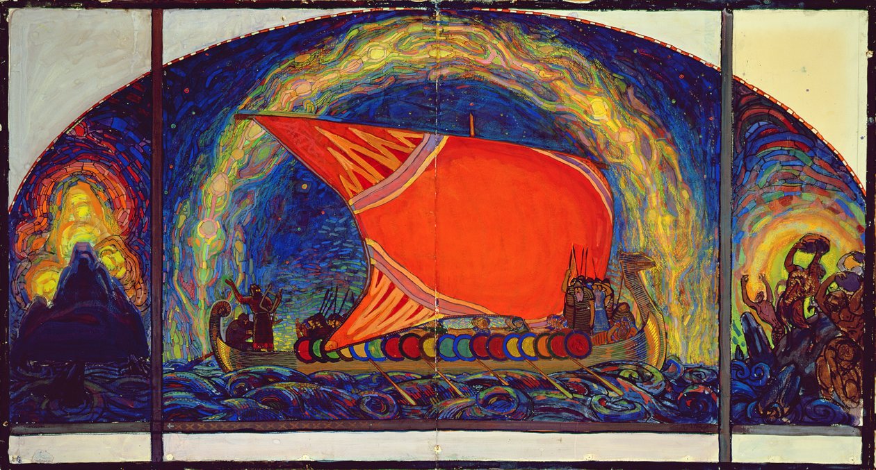 Kalevipoegs Sailboat `Plane, 1910 (tempera og farveblyant på papir) af Nikolai Triik