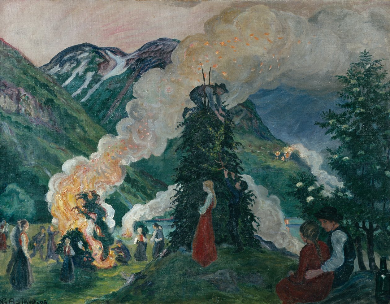 Opbygning af det store midsommerbål af Nikolai Astrup