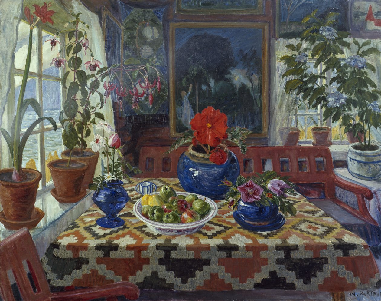 Interiør med en stor blå gryde af Nikolai Astrup