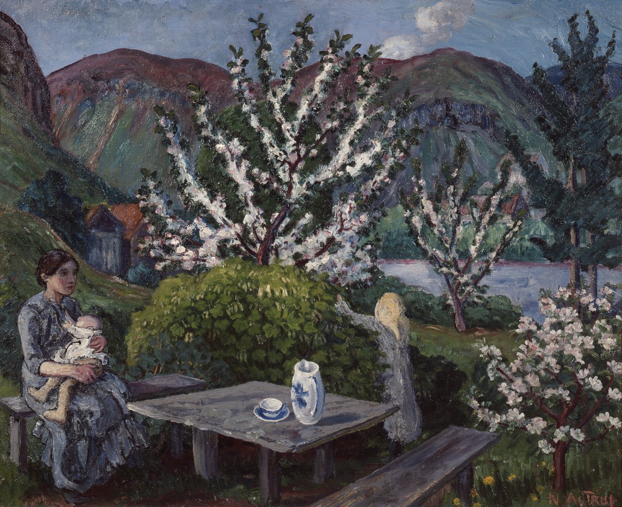 Mor og barn ved havebordet af Nikolai Astrup