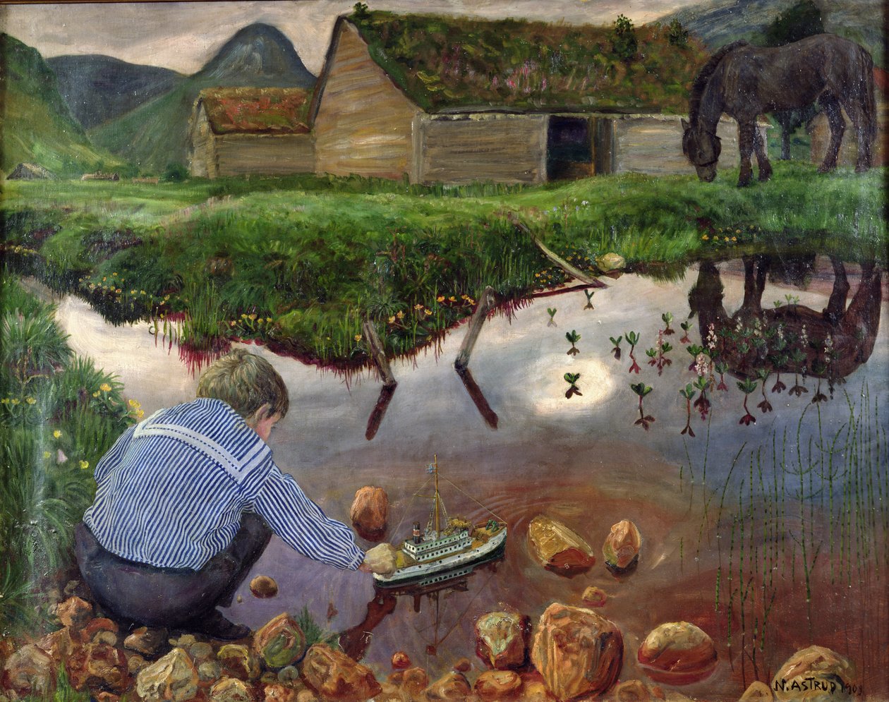 Forårsaften ved Præstegårdsdammen af Nikolai Astrup