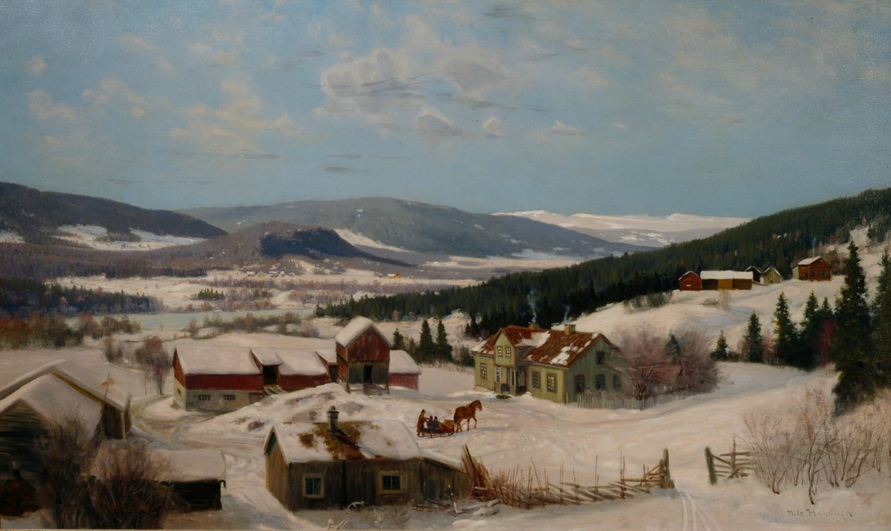 Gård i vinterlandskab (olie på lærred) af Nils Hansteen