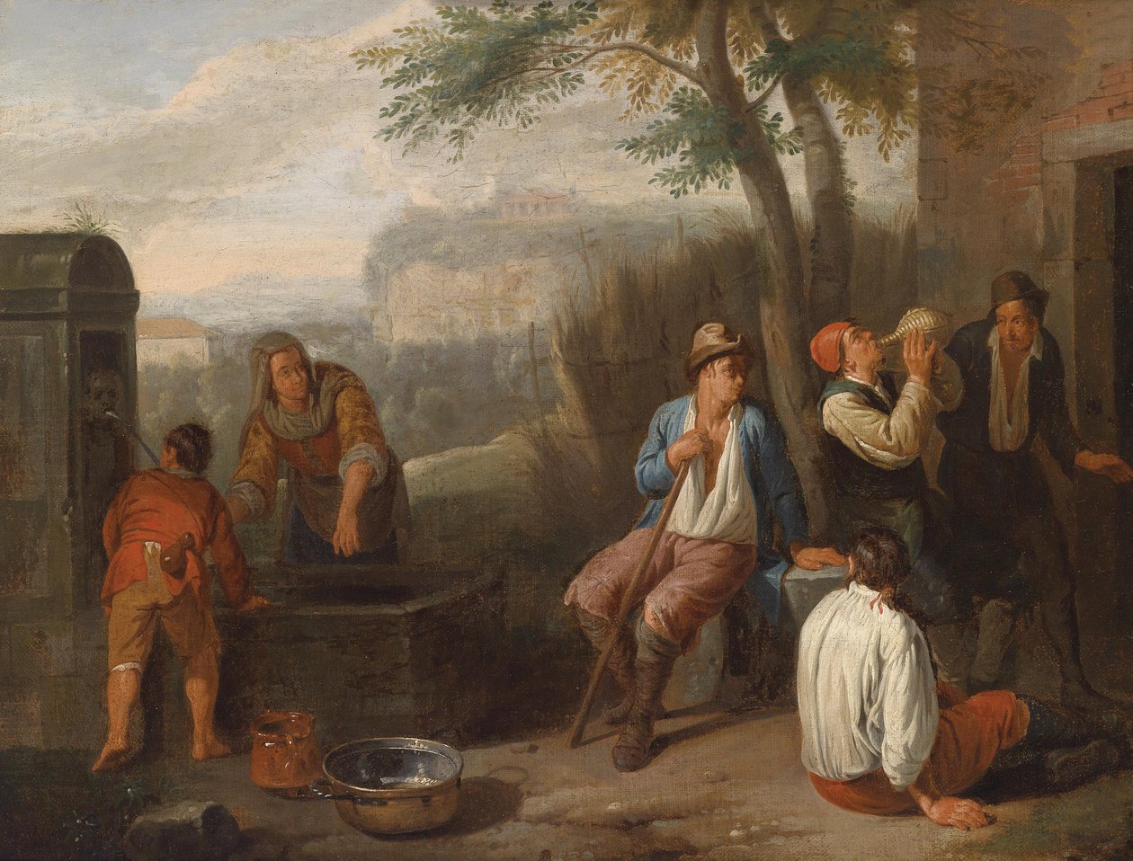 Sydlige landskab med landfolk, der drikker ved et springvand af Norbert van Bloemen