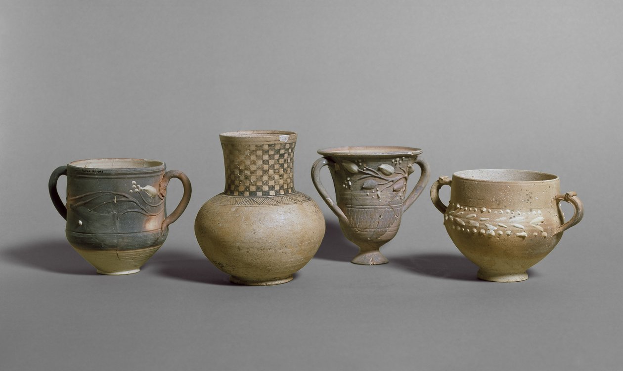 Barbotinkopper og lille krukke, meroitisk periode (ca. 400 f.Kr. - ca. 400 e.Kr.) (brændt ler) af Nubian