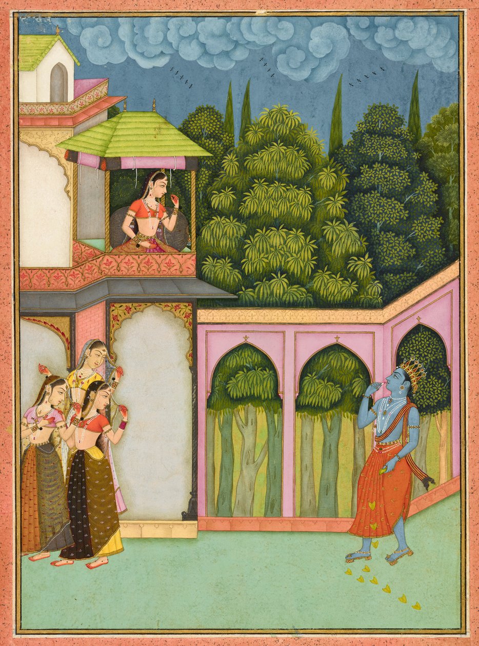 Krishna nærmer sig Radha, folio fra en <em>Rasikpriya</em> af Nuruddin