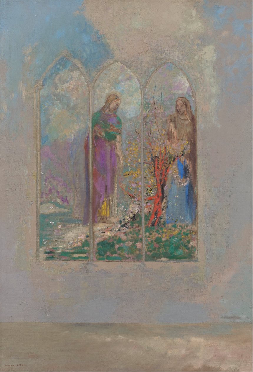 Hengivenhed nær en rød busk af Odilon Redon