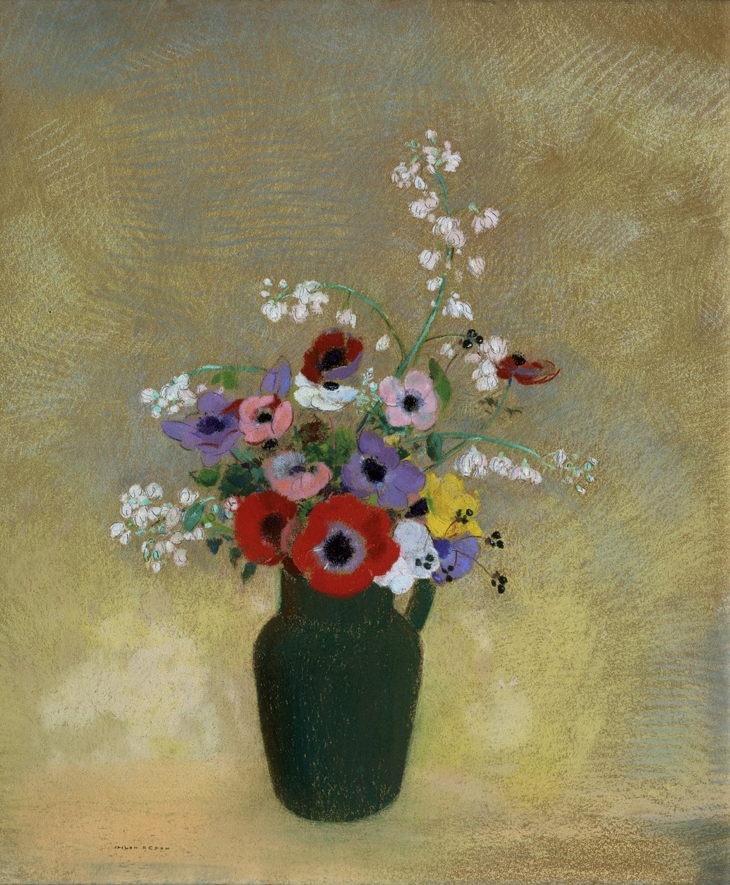 Stor grøn vase med blandede blomster af Odilon Redon