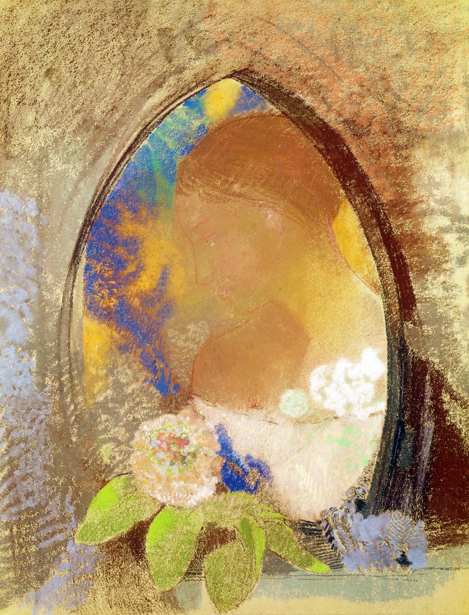 Portræt med blomster (pastel på papir) af Odilon Redon