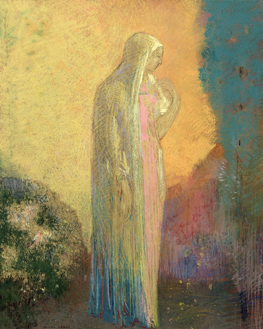 Stående sløret kvinde (pastel på papir) af Odilon Redon