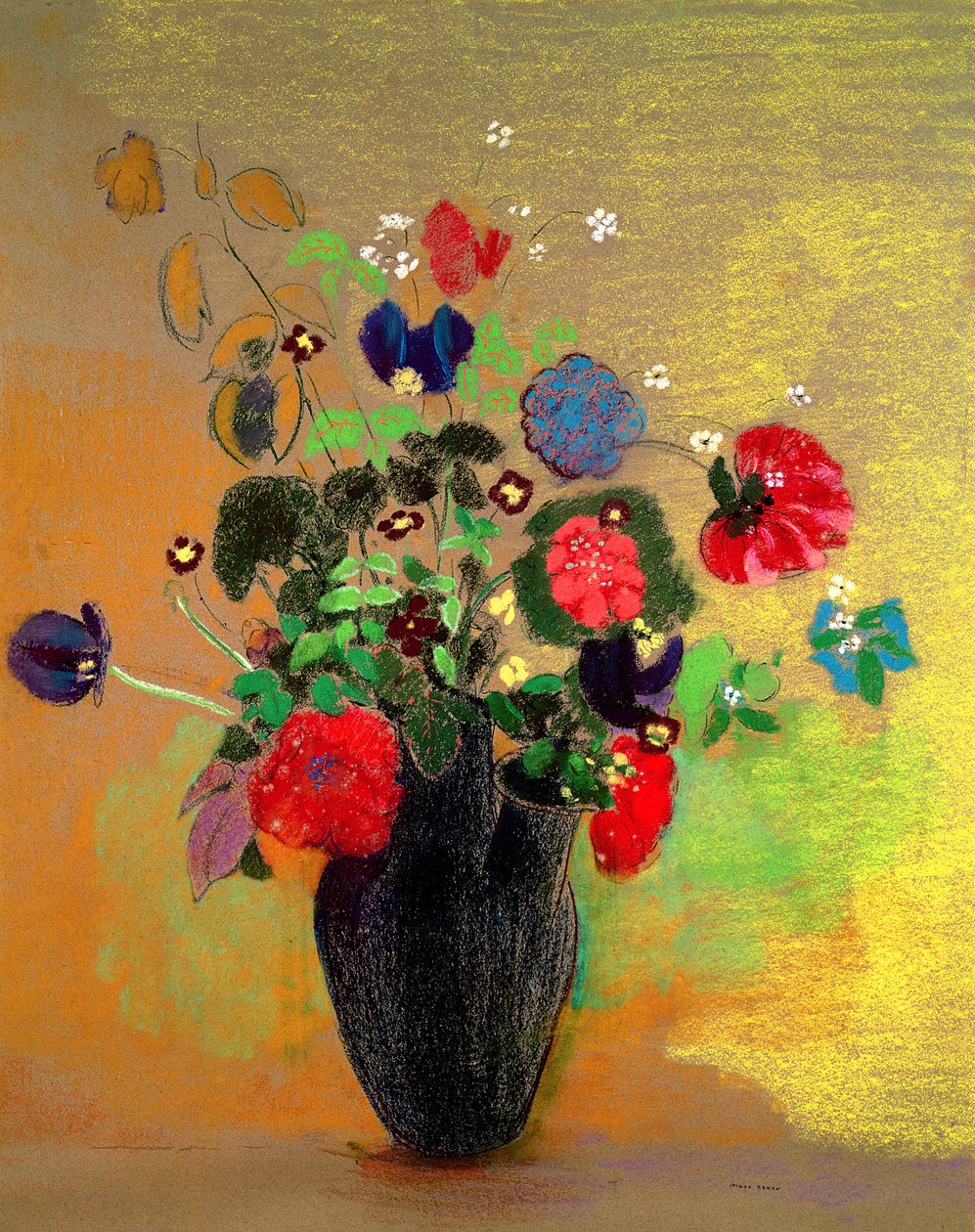 Vase med blomster (pastel på papir) af Odilon Redon