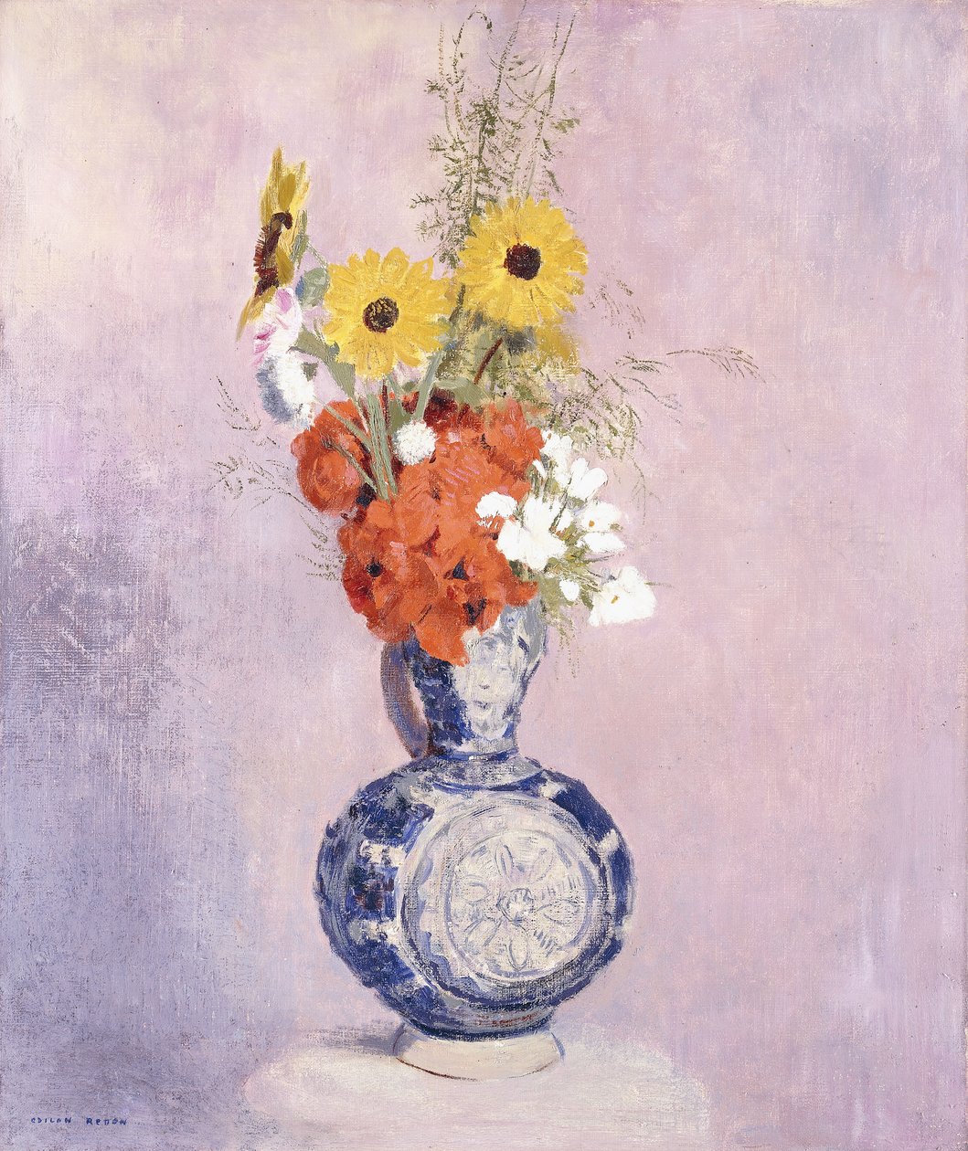 Buket blomster i en blå vase, af Odilon Redon