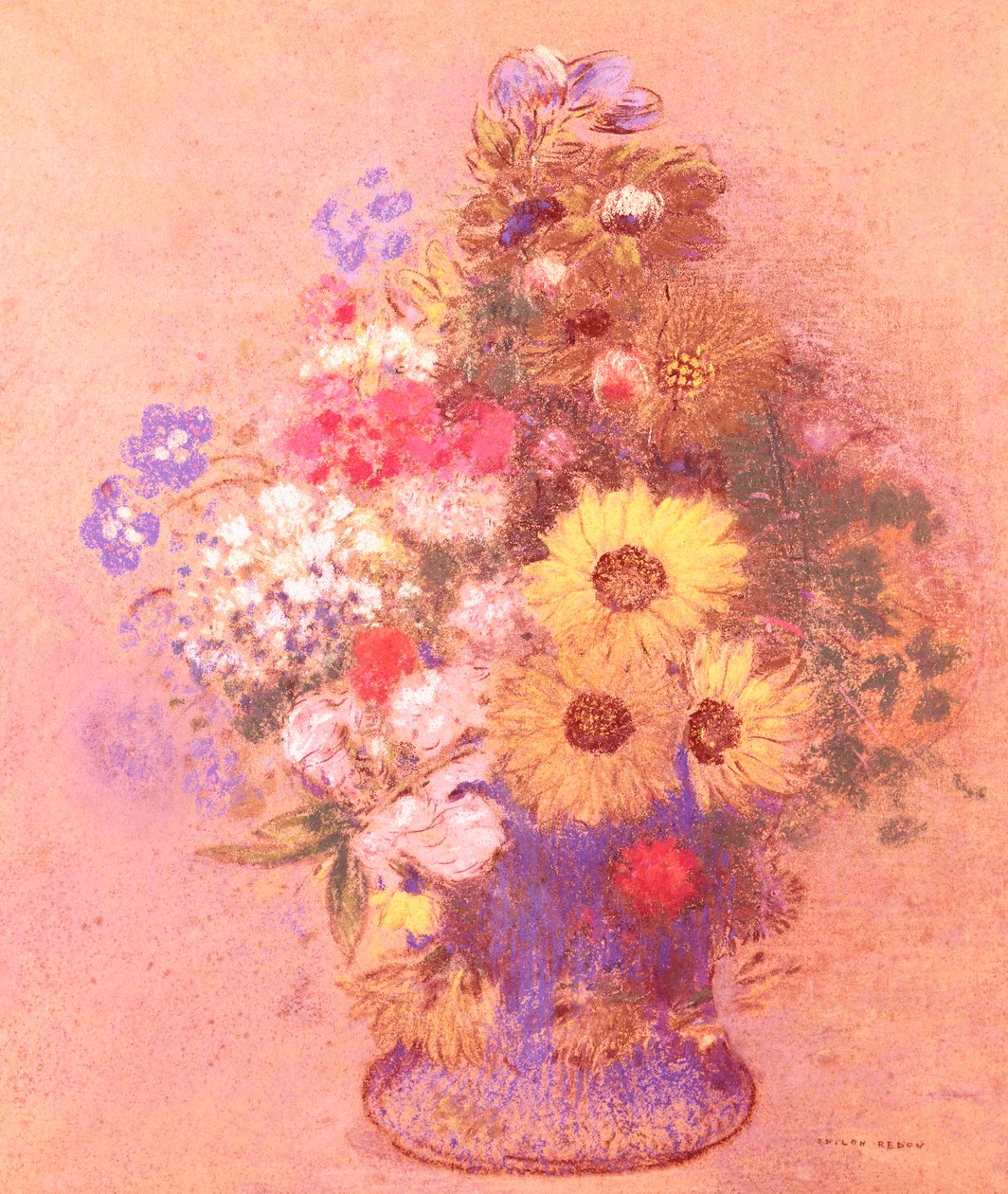 Vase med blomster (pastel om bord) af Odilon Redon