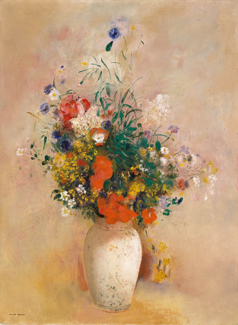 Vase med blomster lyserød baggrund, ca. 1906. af Odilon Redon