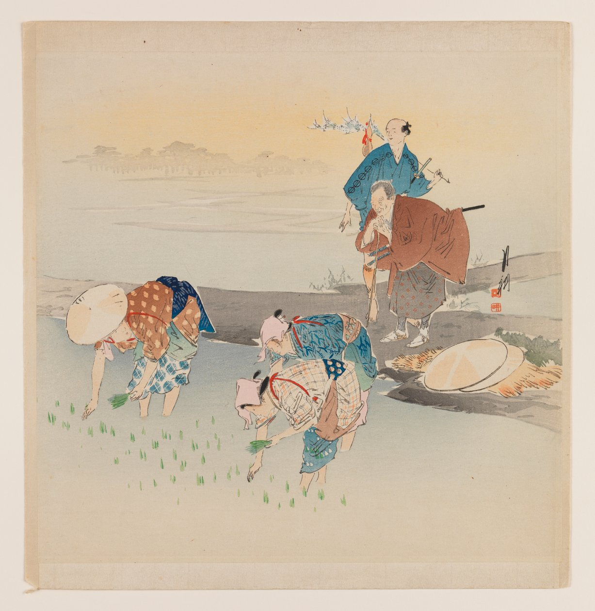 Mand og kvinde planter ris, ca. 1890-1910 (træblok farvetryk) af Ogata Gekko