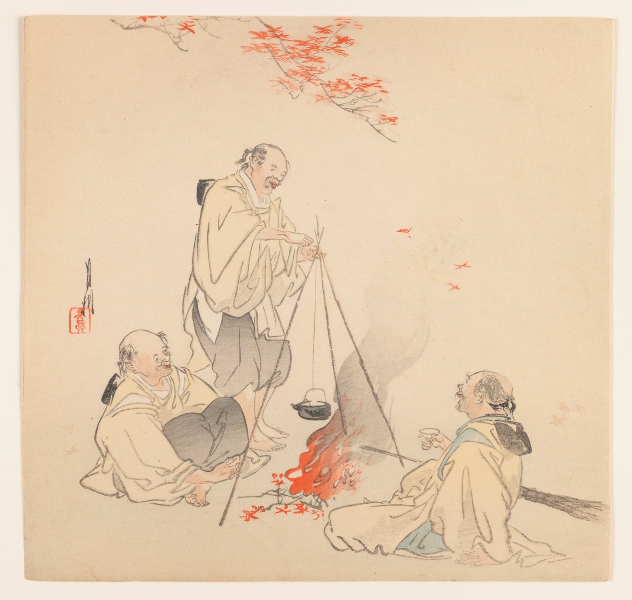 Men by Fire in Autumn, ca. 1890-1910 (træblok farvetryk) af Ogata Gekko