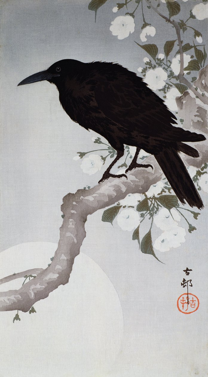 En sort fugl på en kvist i måneskin, (farvet træbloktryk) af Ohara Koson