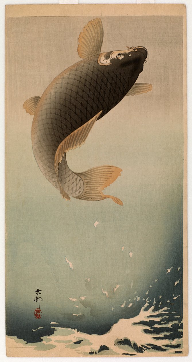 Springende karper (træbloktryk i farver) af Ohara Koson