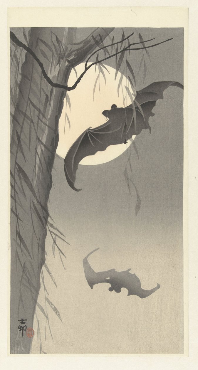 Flagermus og fuldmåne af Ohara Koson