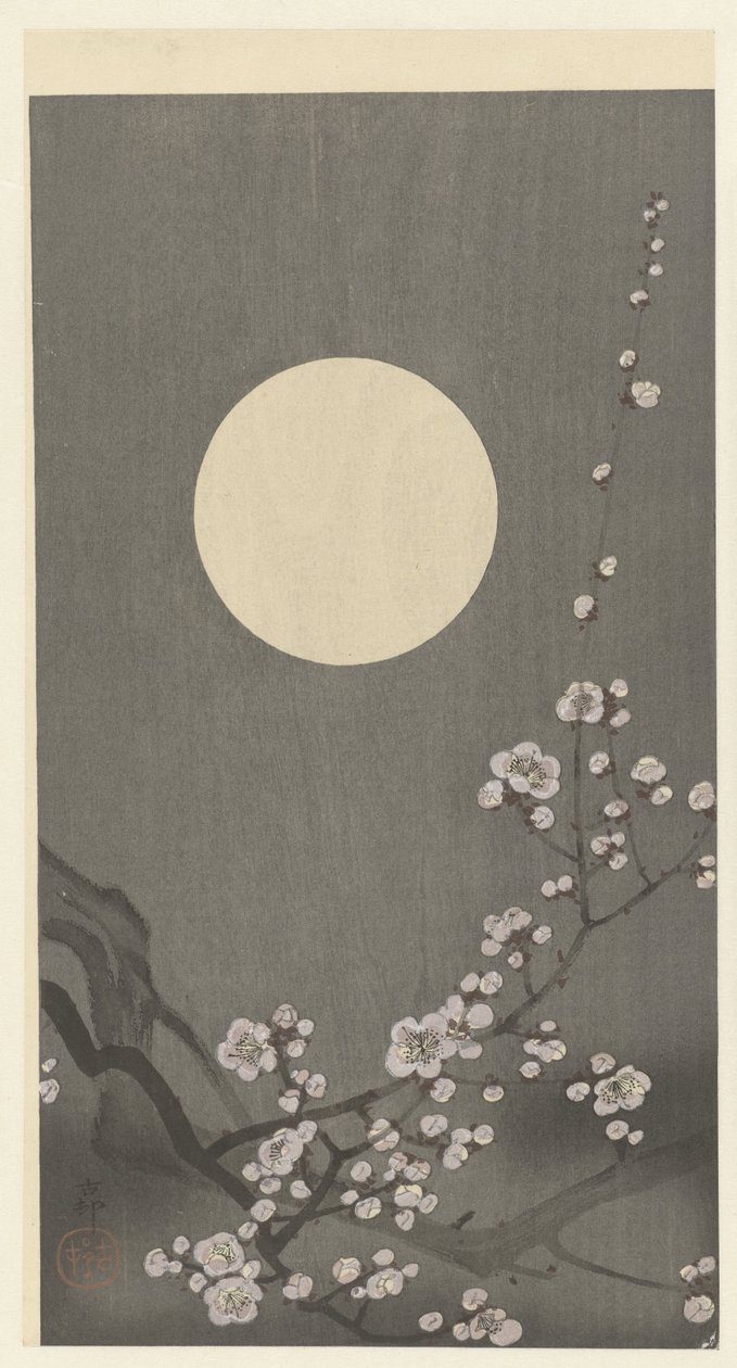 Blomstrende blomme blomstrer ved fuldmåne af Ohara Koson