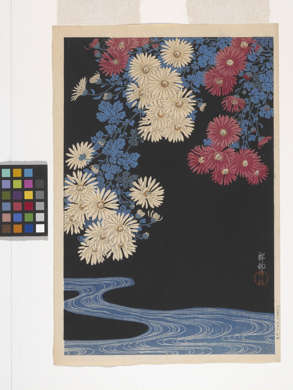 Chrysanthemums And Stream (farvet træbloktryk) af Ohara Koson
