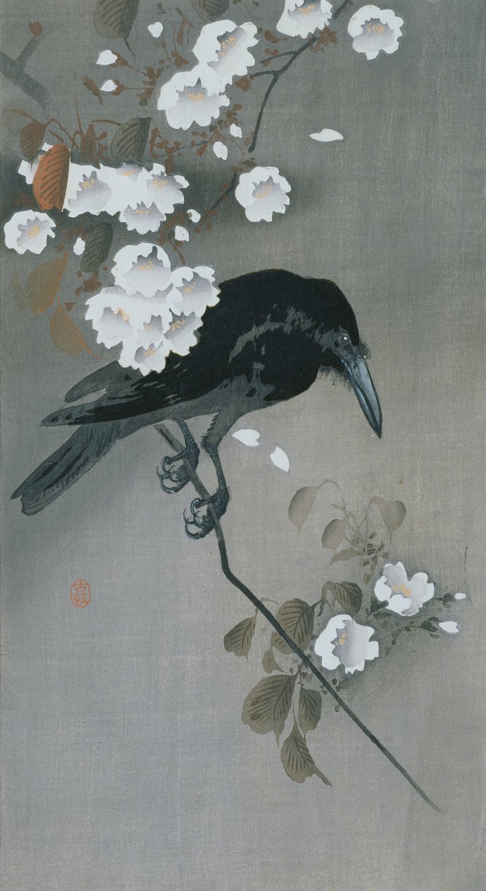 Krage i en kirsebærblomstgren af Ohara Koson