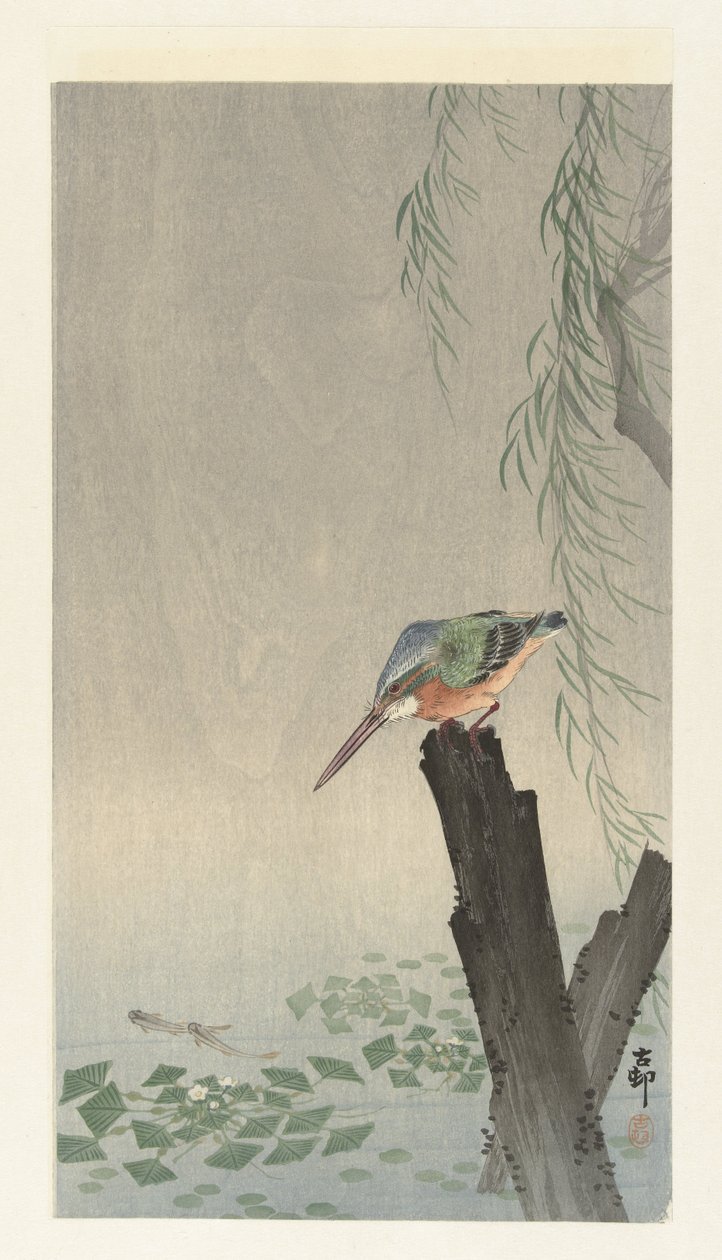 Isfugl på en træstub af Ohara Koson