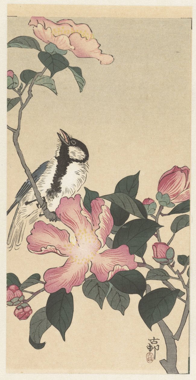Stormejse på gren med lyserøde blomster af Ohara Koson