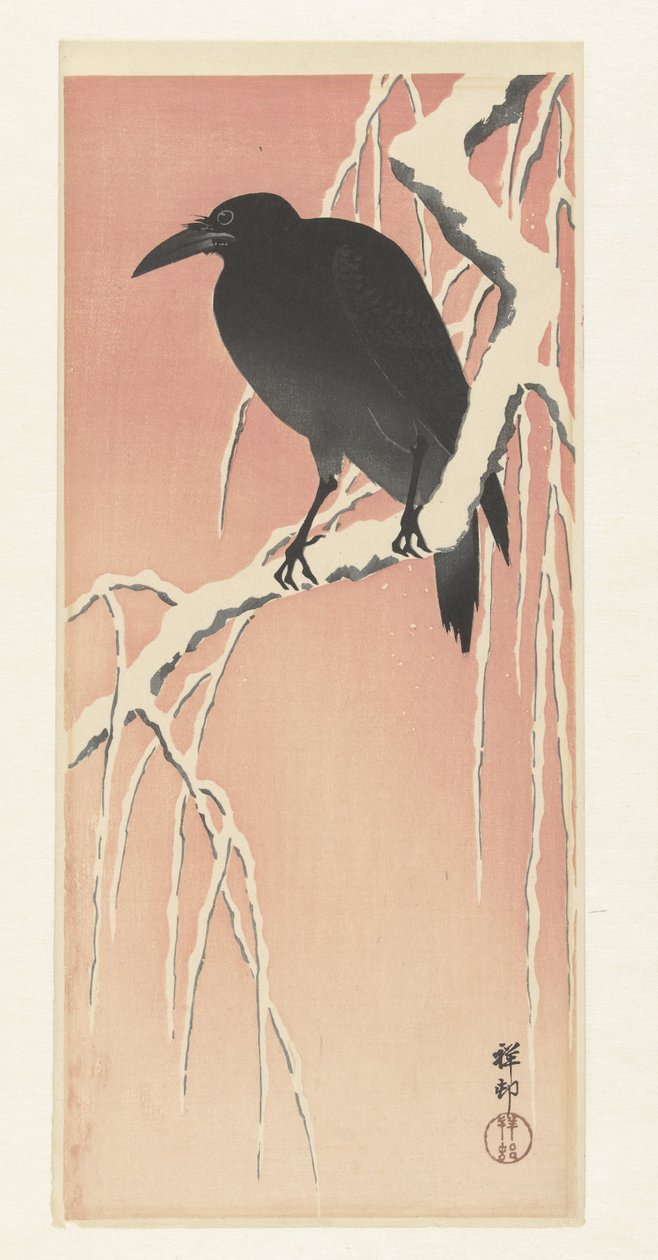 Krage på snedækket gren. af Ohara Koson