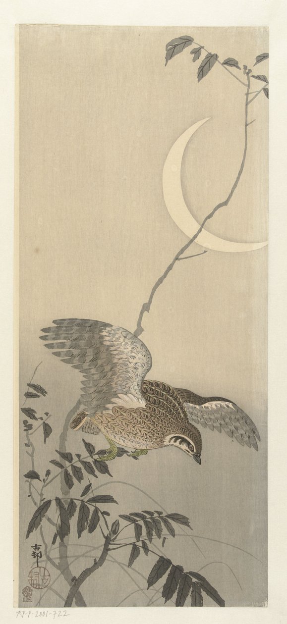 Vagtel ved seglmåne af Ohara Koson