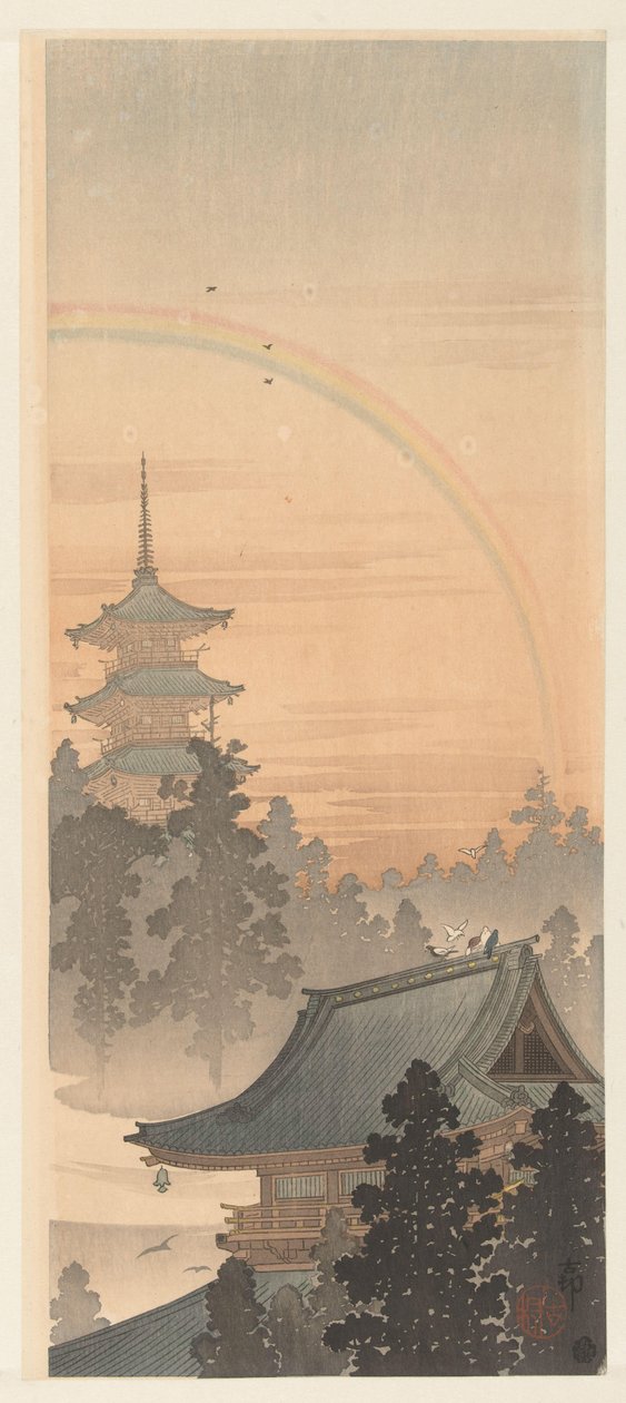 Pagode og regnbue af Ohara Koson