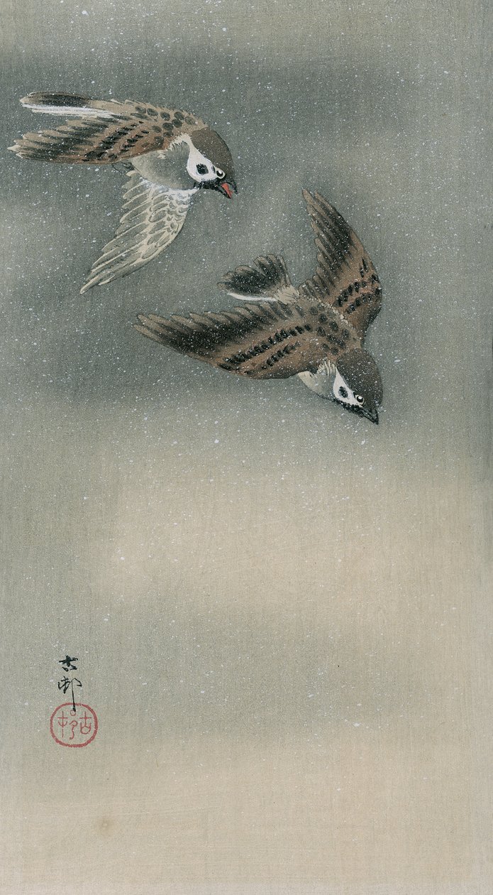 Spurve under flugten (farvet træbloktryk) af Ohara Koson