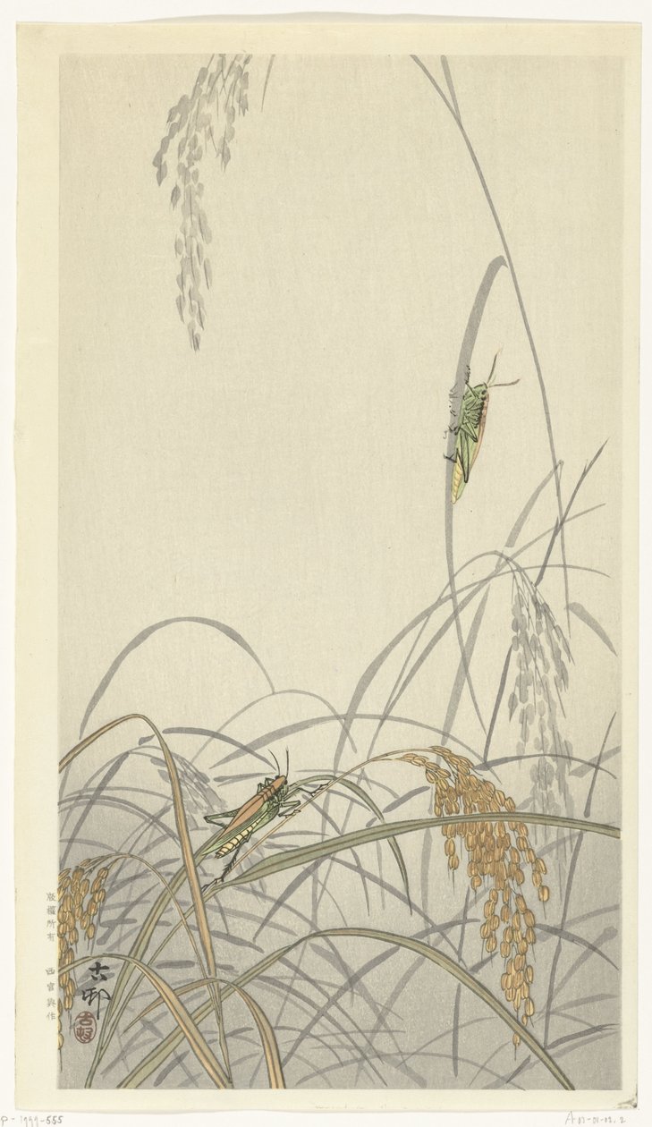 Græshopper på risplanter af Ohara Koson
