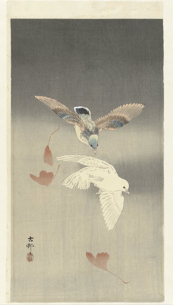 To duer med faldende ginkgoblade af Ohara Koson
