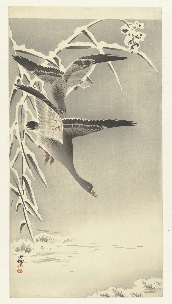 To blisgæs i et snelandskab af Ohara Koson