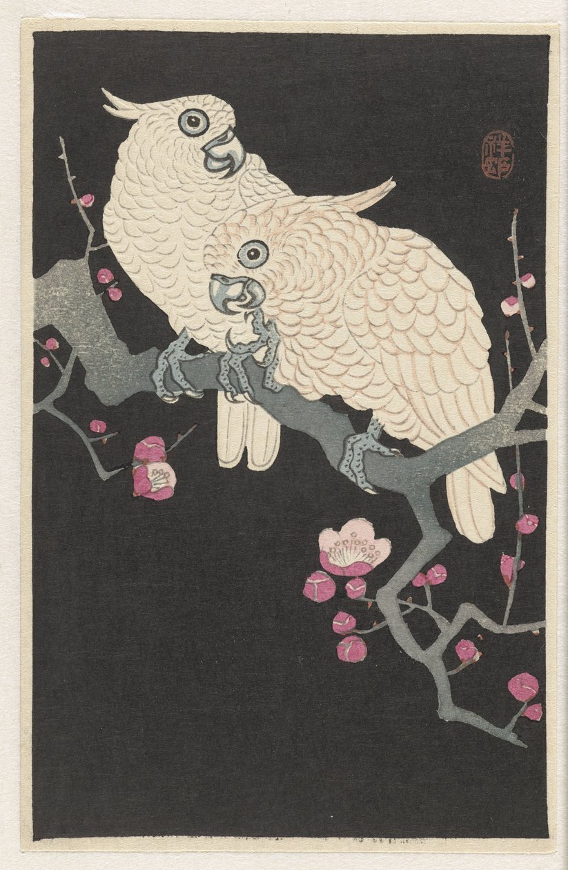 To kakaduer og blommeblomster af Ohara Koson